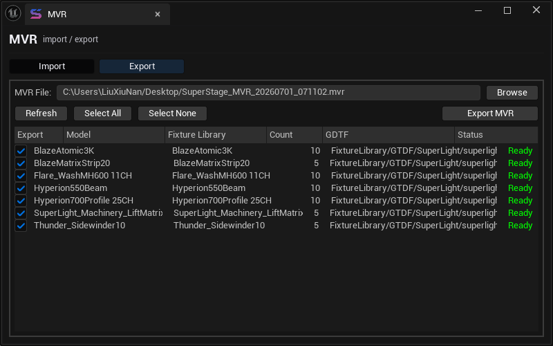 MVR, GDTF, and grandMA handoff layer.